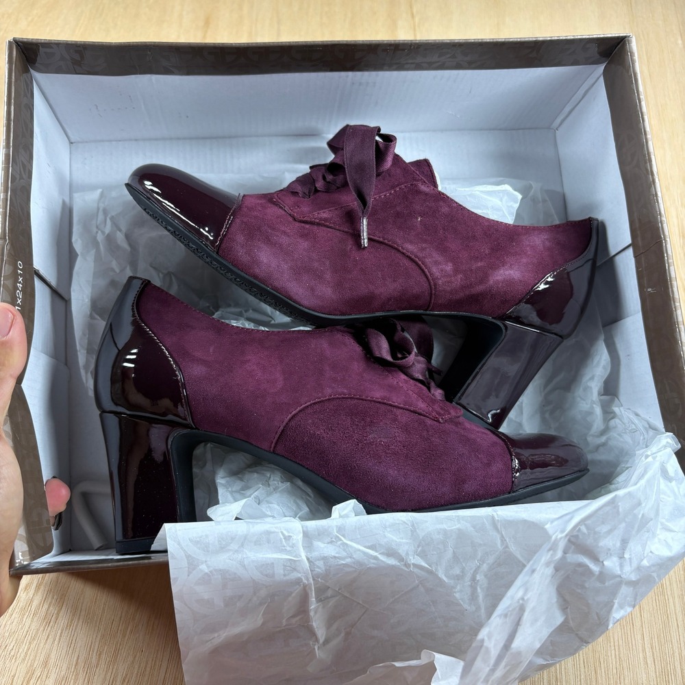 Giani Bernini Valinal Wine Suede Patent Lace Up Cap Toe Block Heel Pumps 8.5M